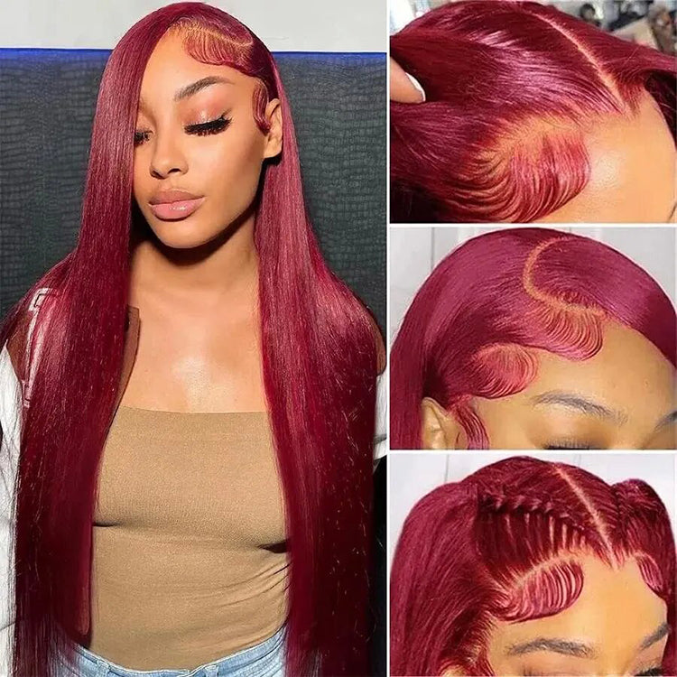 Red Burgundy Straight Hair 13X4 Lace Frontal Human Hair Wig Transparent Lace