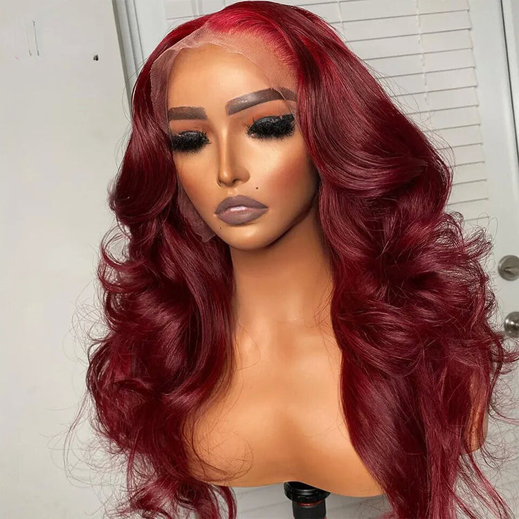 Red Burgundy Body Wave hair 360 Lace wig Pre-Plucked Transparent Lace Long Wig 100% Human Hair