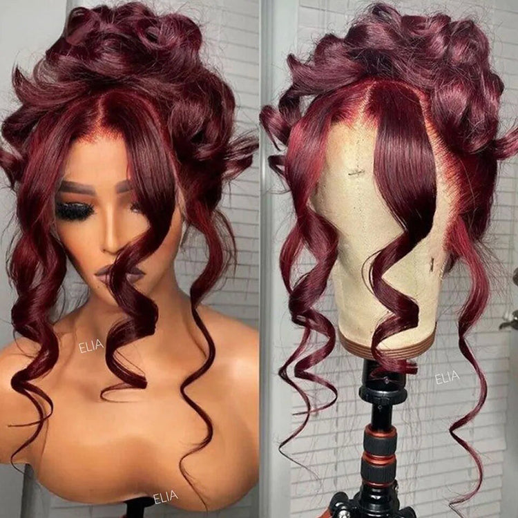 Red Burgundy Body Wave hair 360 Lace wig Pre-Plucked Transparent Lace Long Wig 100% Human Hair