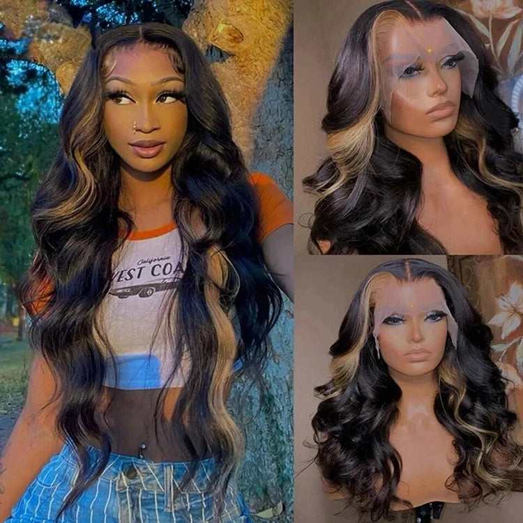 Blonde Highlight Body Wave 13X4 Transparent Lace Frontal Wig Unprocessed Virgin Human Hair