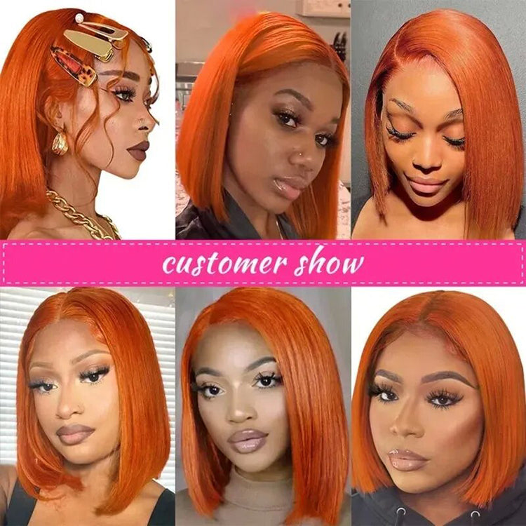 Ginger Orange Straight Hair Bob 13X4 Transparent Lace Frontal Wig 100% Human Hair