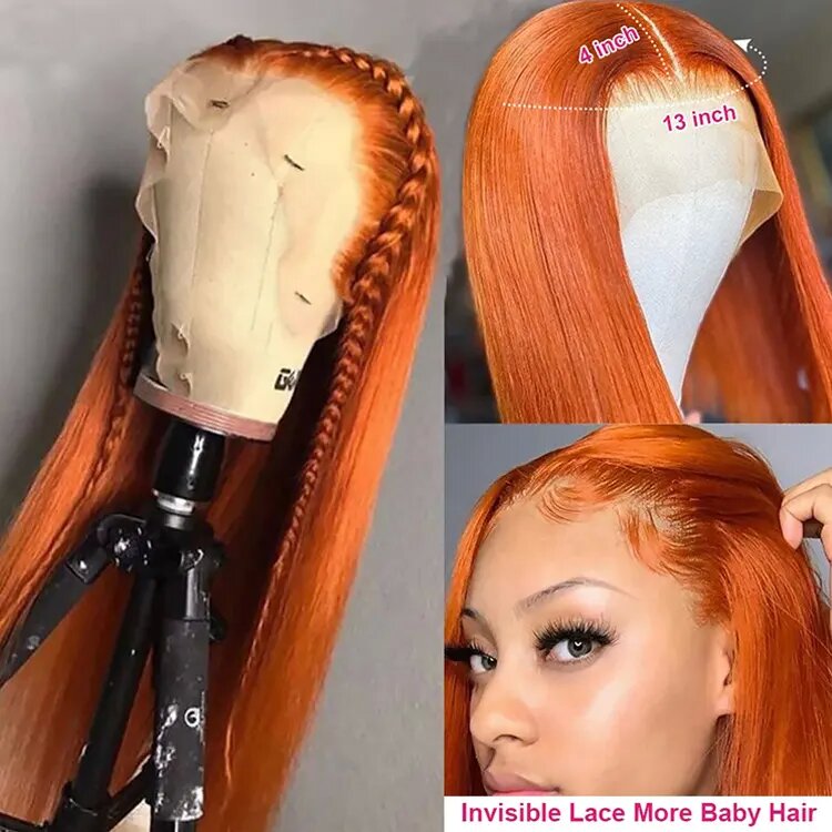 Ginger Orange Straight Hair 13X4 Lace Frontal Human Hair Wig Transparent Lace