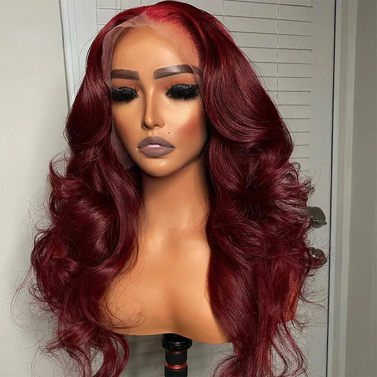 Red Burgundy Body Wave hair 360 Lace wig Pre-Plucked Transparent Lace Long Wig 100% Human Hair