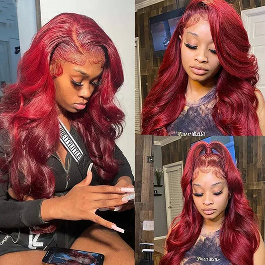 Red Burgundy Body Wave Hair 13X4 Lace Frontal Human Hair Wig Transparent Lace