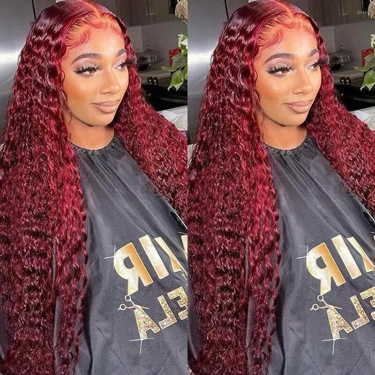 Red Burgundy Deep Wave Hair 13X4 Lace Frontal Human Hair Wig Transparent Lace