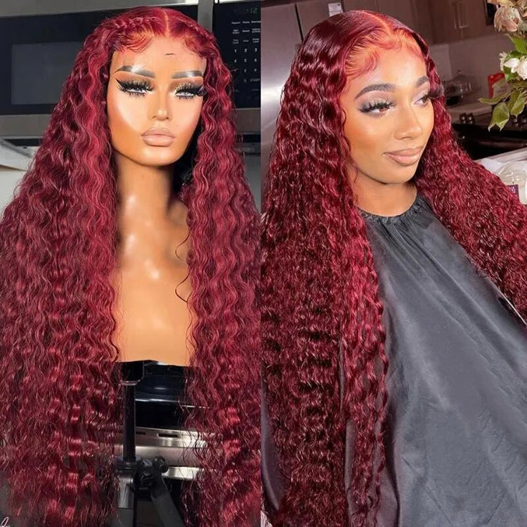 Red Burgundy Deep Wave Hair 13X4 Lace Frontal Human Hair Wig Transparent Lace