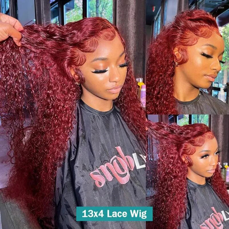 Red Burgundy Deep Wave Hair 13X4 Lace Frontal Human Hair Wig Transparent Lace