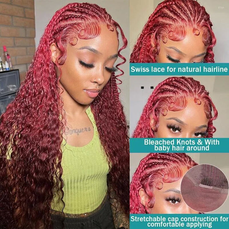 Red Burgundy Deep Wave Hair 13X4 Lace Frontal Human Hair Wig Transparent Lace