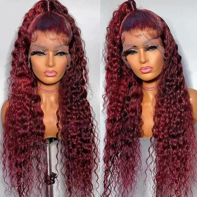 Red Burgundy Deep Wave Hair 13X4 Lace Frontal Human Hair Wig Transparent Lace