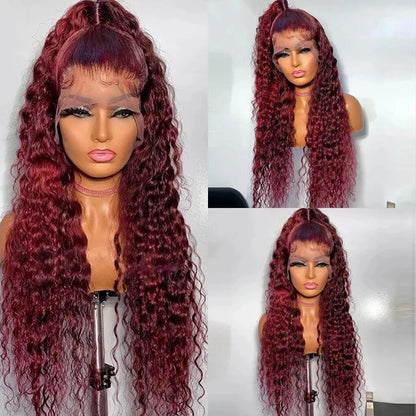 Red Burgundy Deep Wave Hair 13X4 Lace Frontal Human Hair Wig Transparent Lace