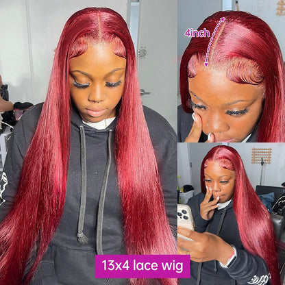 Red Burgundy Straight Hair 13X4 Lace Frontal Human Hair Wig Transparent Lace