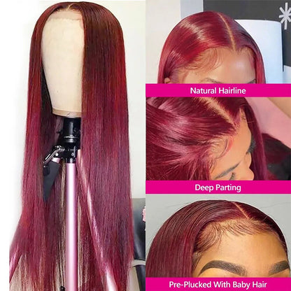 Red Burgundy Straight Hair 13X4 Lace Frontal Human Hair Wig Transparent Lace