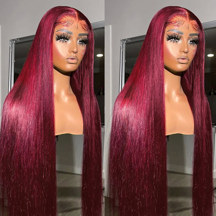 Red Burgundy Straight Hair 13X4 Lace Frontal Human Hair Wig Transparent Lace