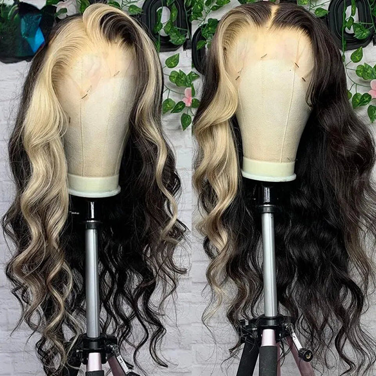 Blonde Highlight Body Wave 13X4 Transparent Lace Frontal Wig Unprocessed Virgin Human Hair