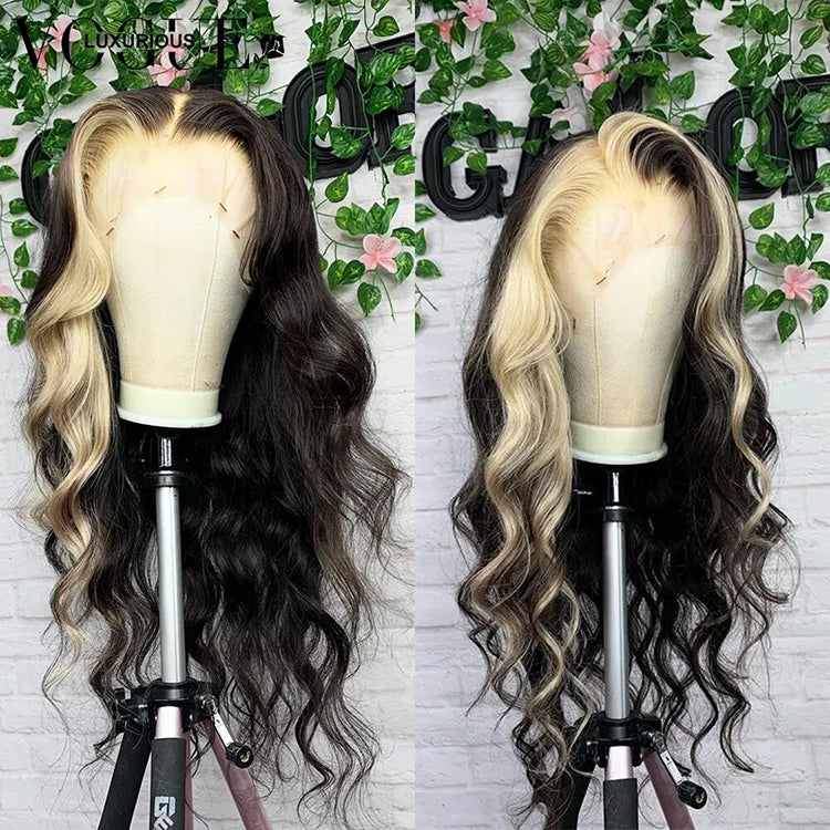 Blonde Highlight Body Wave 13X4 Transparent Lace Frontal Wig Unprocessed Virgin Human Hair