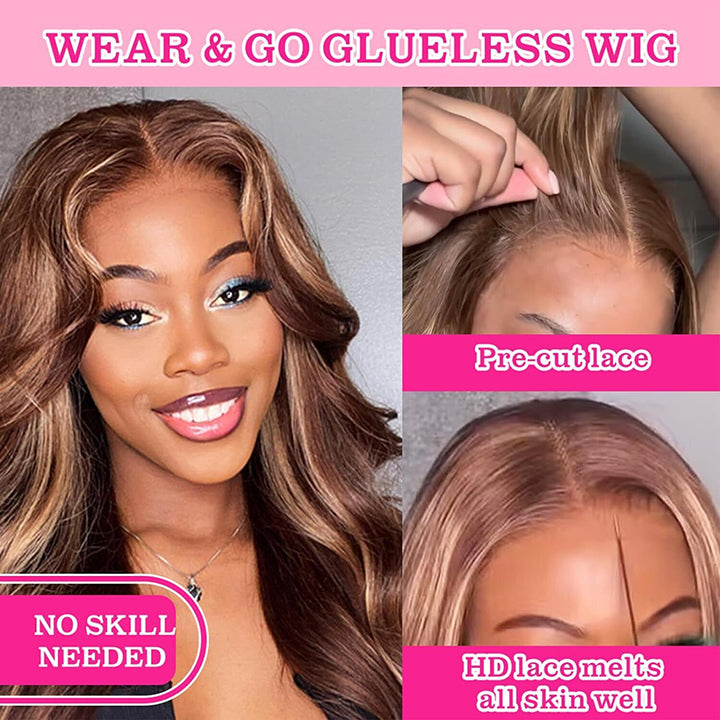 Highlight 4/27 Body Wave Glueless HD Lace Closure Wig Wear and Go Wig Pre-cut Lace Wig