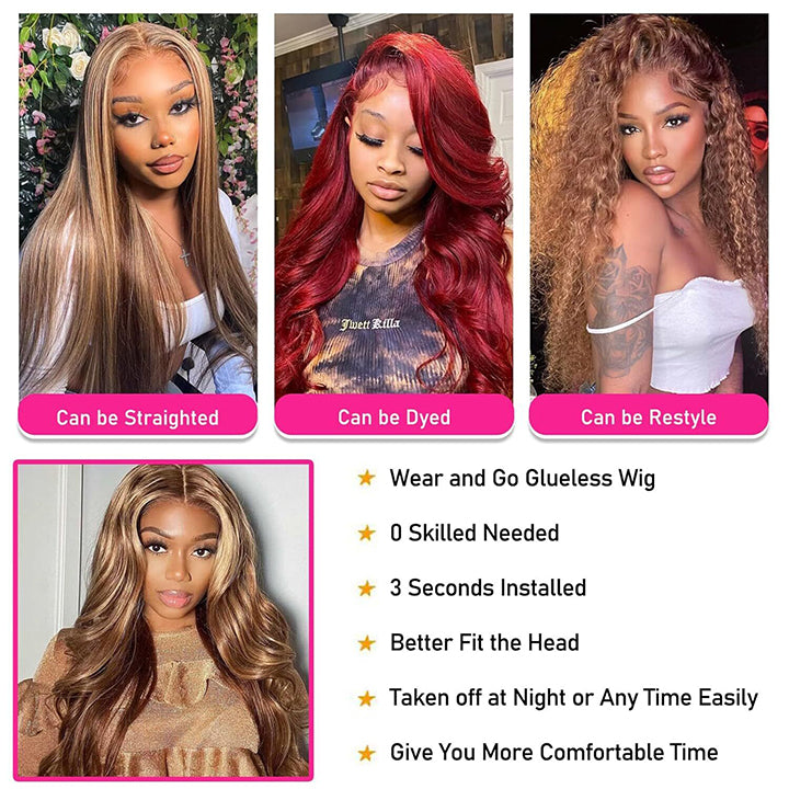 Highlight 4/27 Body Wave Glueless HD Lace Closure Wig Wear and Go Wig Pre-cut Lace Wig