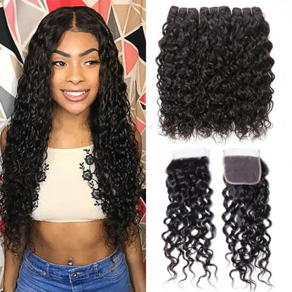 Water Wave 3 Bundles with 4X4 Lace Closure 10A Virgin Human hair Can Make Into Wig for you