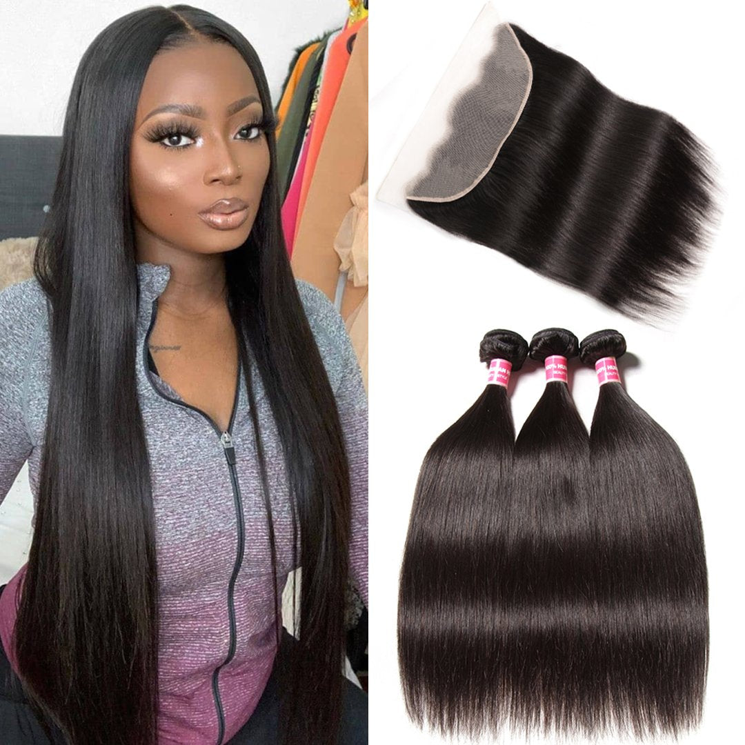 Brazilian Straight Hair 3 Bundles with 13x4 Ear to Ear Lace Frontal-Petalwigs