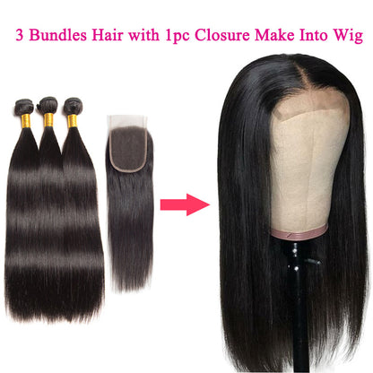 Straight 3 Bundles with 4X4 Lace Closure 10A Virgin Human hair Can Make Into Wig for you