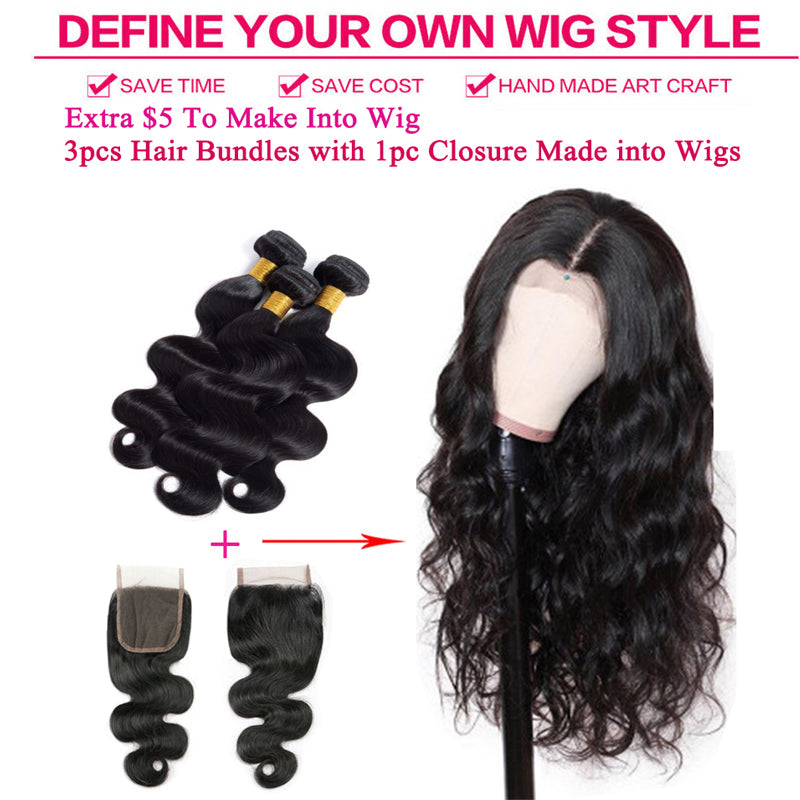 Body Wave 3 Bundles with 4X4 Lace Closure 10A Virgin Human hair Can Make Into Wig for you