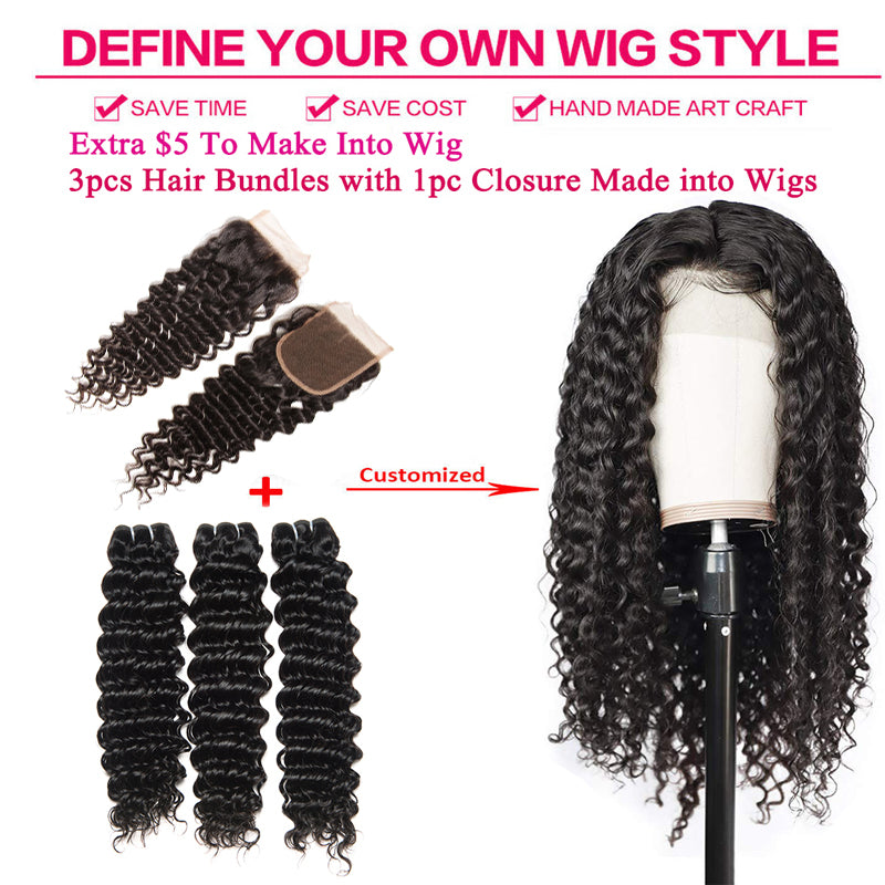 Deep Wave 3 Bundles with 4X4 Lace Closure 10A Virgin Human hair Can Make Into Wig for you