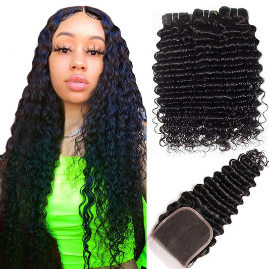 Deep Wave 3 Bundles with 4X4 Lace Closure 10A Virgin Human hair Can Make Into Wig for you