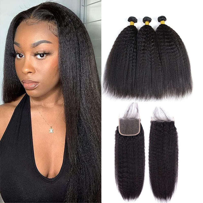 Kinky Straight 3 Bundles with 4X4 Lace Closure 10A Virgin Human hair Can Make Into Wig for you