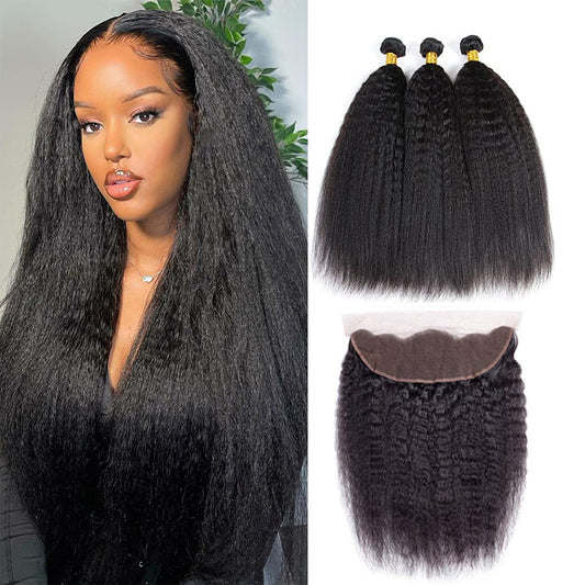 Brazilian Kinky Straight Hair 3 Bundles with 13x4 Lace Frontal Petalwigs