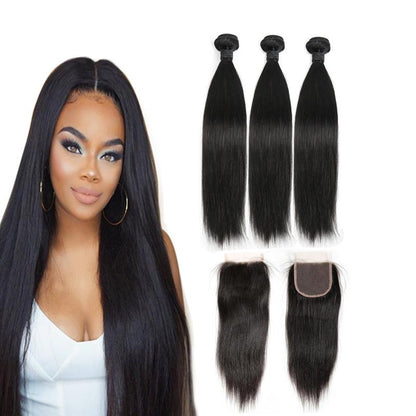 Straight 3 Bundles with 4X4 Lace Closure 10A Virgin Human hair Can Make Into Wig for you